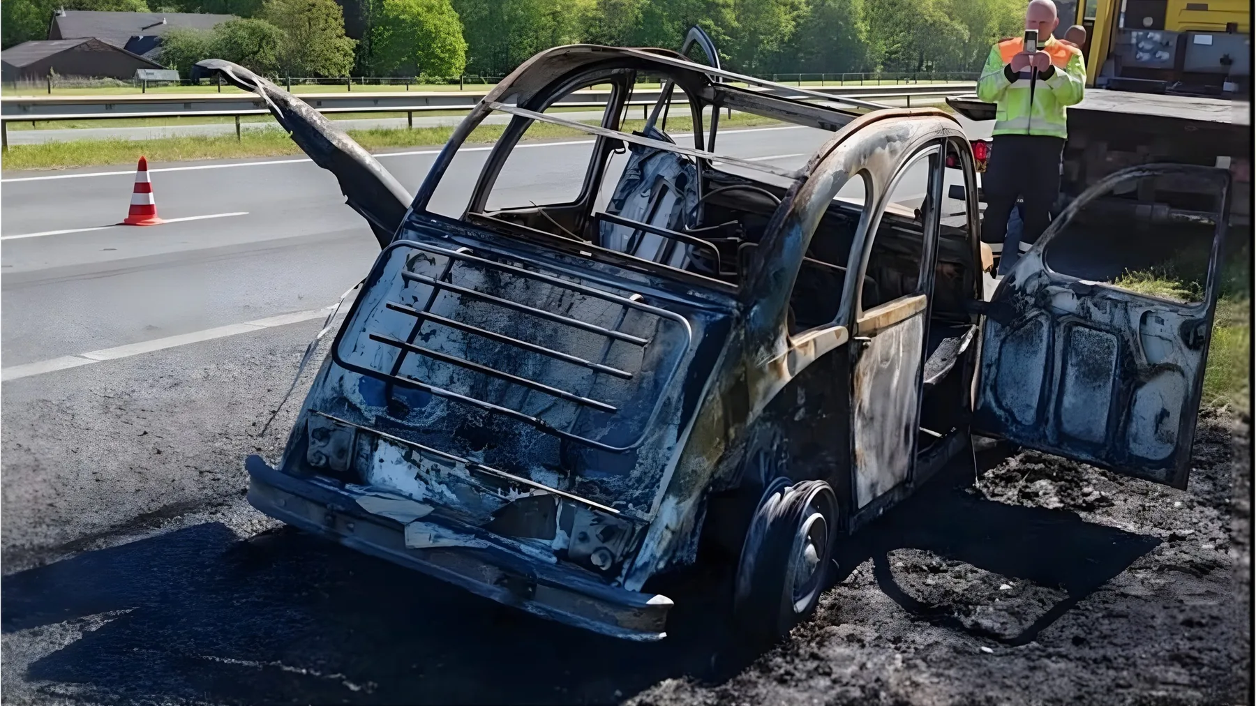 De uitgebrande eend langs de snelweg