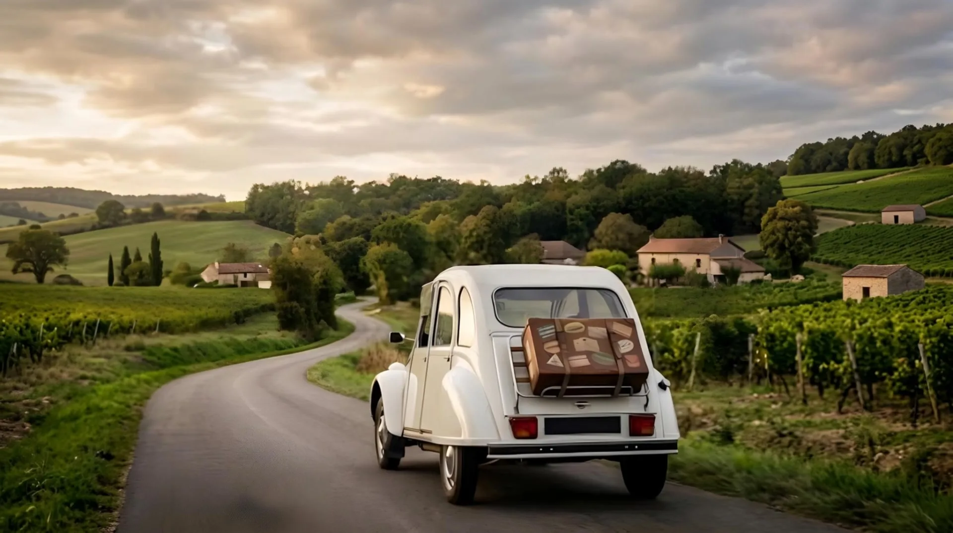 Een witte eend met een koffer achterop rijdt over een kronkelweg tussen Franse wijngaarden