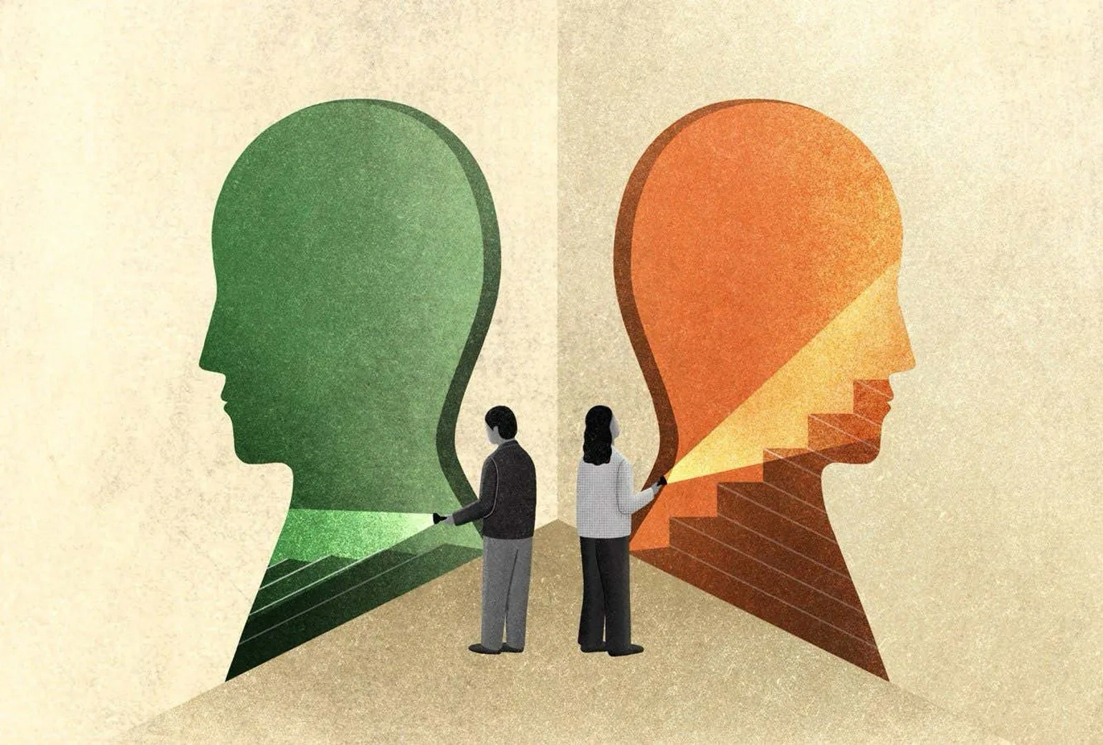 Illustratie: twee profielen als deuren, met twee mensen ertussen