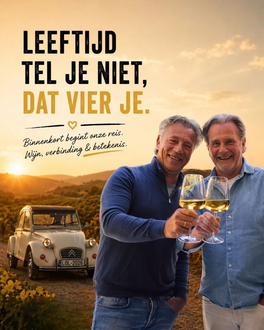 Flyer: Leeftijd tel je niet, dat vier je. Henk en Jeroen proosten bij een eend in de wijngaard.