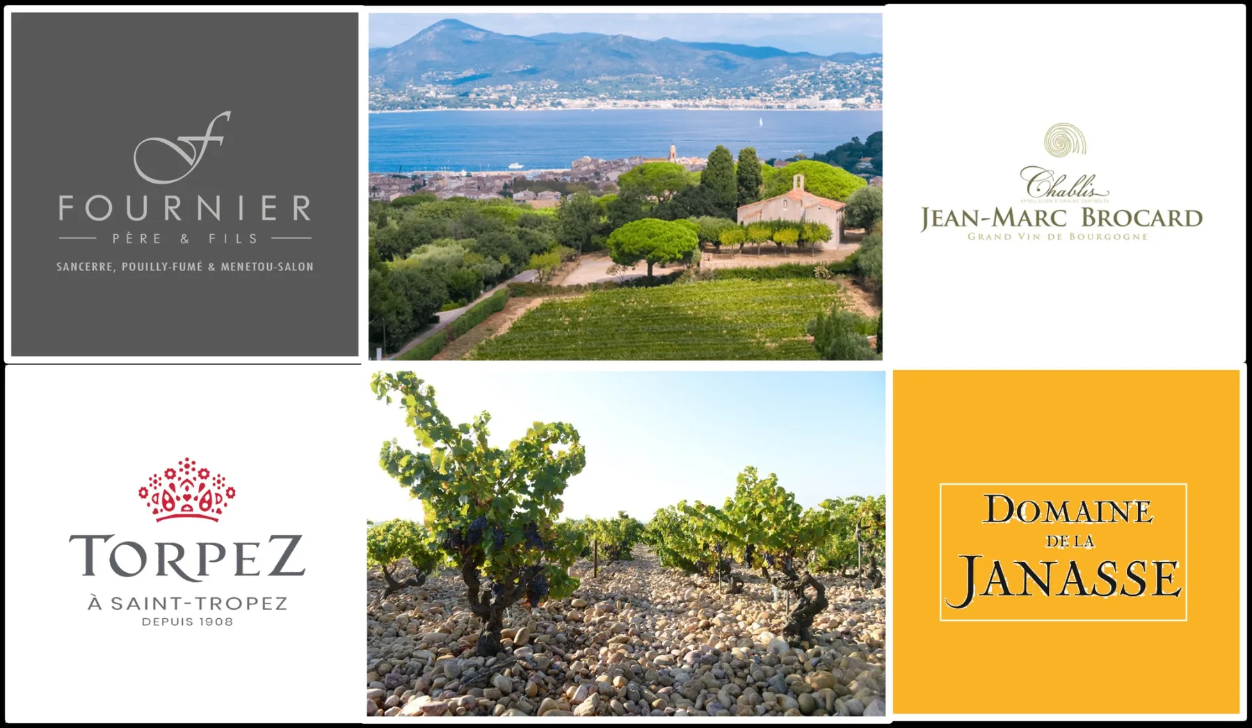 Logo’s en wijngaarden van Torpez, Domaine de la Janasse, Fournier en Jean-Marc Brocard